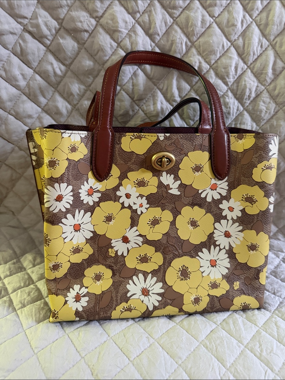 Coach Floral Turnlock Tote in Yellow, White & Brown